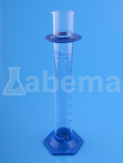Cylinder miarowy z podstawą plastikową, wysoki, podziałka niebieska